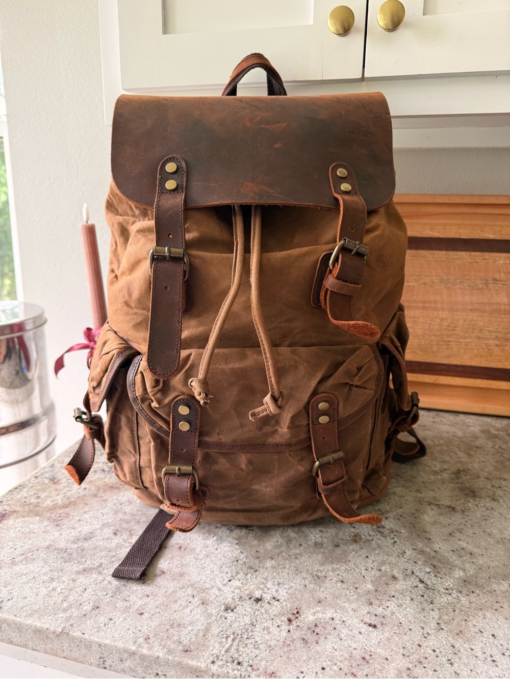 Waxed Canvas & Leather Vintage Rucksack Backpack Hiking Travel Bag